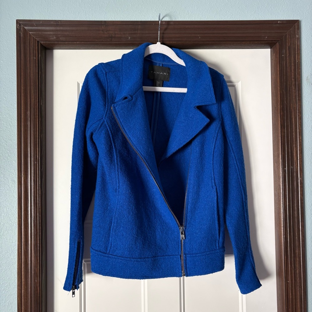 Tahari Blue Women's Moto Jacket Asymmetrical Zipper sz sm